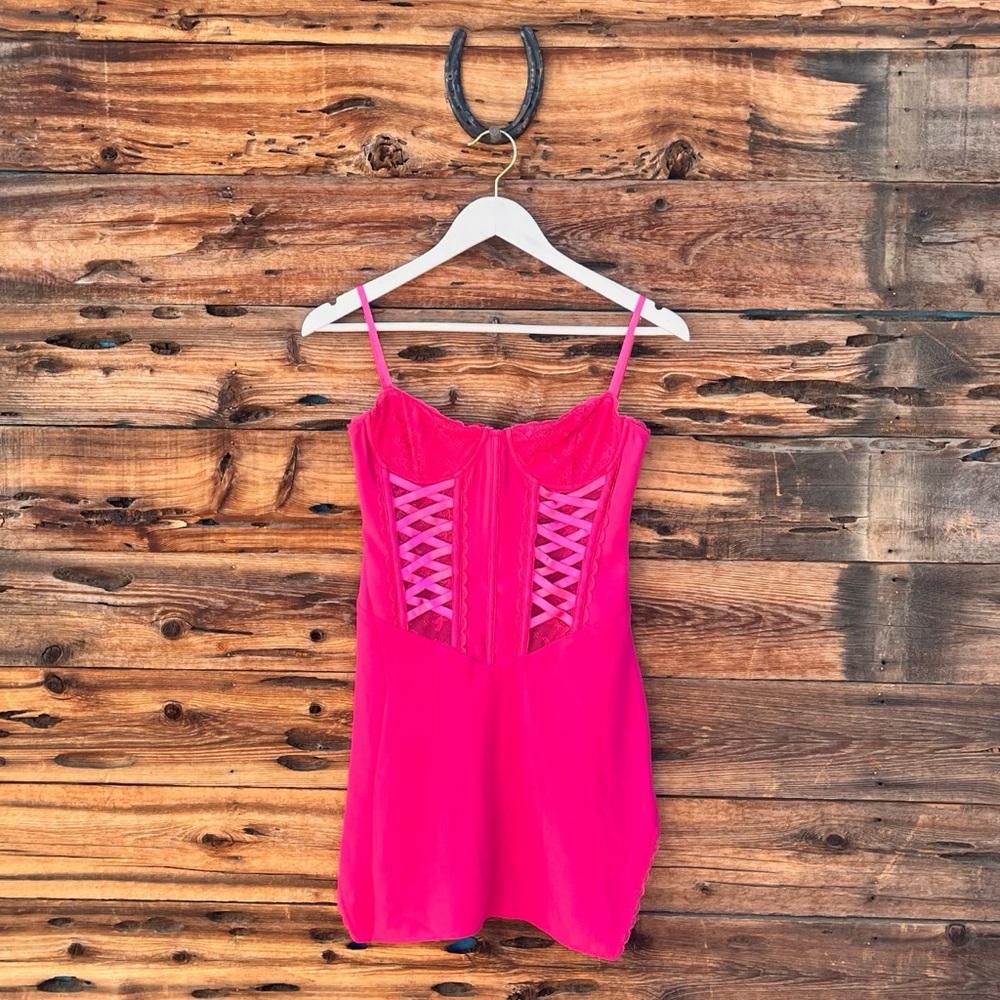 OUTKAST | NWT Betsey Hot Pink Corset Lace Up Mini Dress S